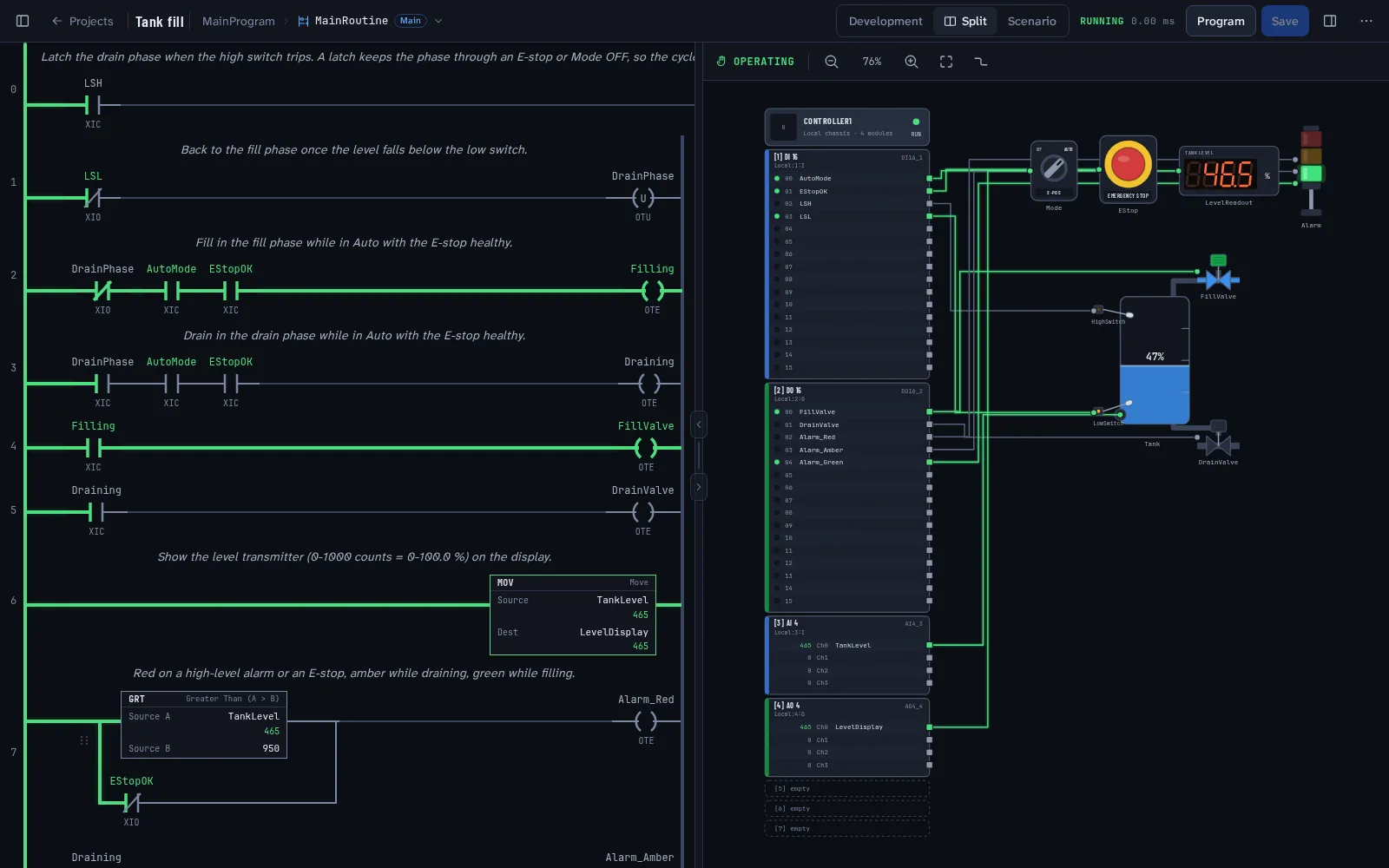 BitFlowSim in split view: the tank fill ladder on the left with energized rungs, and the running tank, valves, level switches, and display on the right.